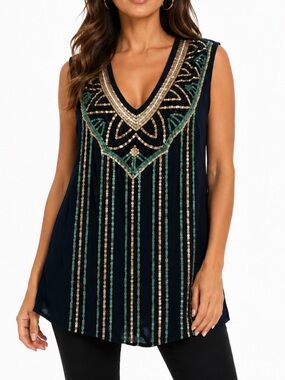 Flying Tomato Embellished Beaded Sequins Multicolored Tunic Navy Blue Top M